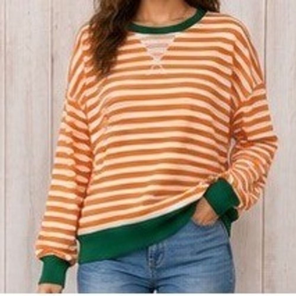 Oversized Striped Long Sleeve Sweatshirt Orange Green Crew Neck Pockets S Y2K
